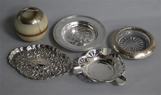 A silver-mounted marble match strike, a Victorian embossed silver pin dish and sundries,